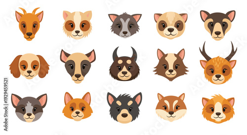 A diverse collection of cute cartoon animal heads, featuring various breeds of dogs and other mammals with friendly faces.