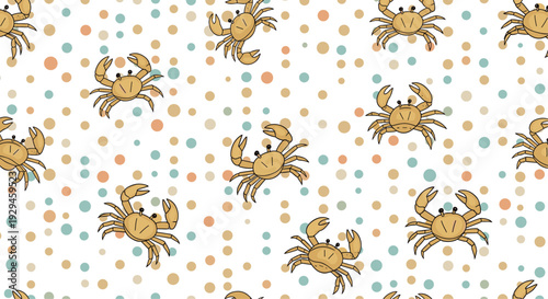 A simple and cute seamless pattern of cartoon crabs scattered across a white background with colorful polka dots.