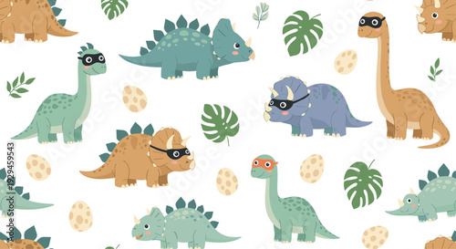 A playful seamless pattern of cute cartoon dinosaurs, some wearing superhero masks, along with eggs and tropical leaves.