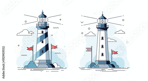 A set of two modern lighthouse illustrations in a clean line art style with blue and white colors and flags.