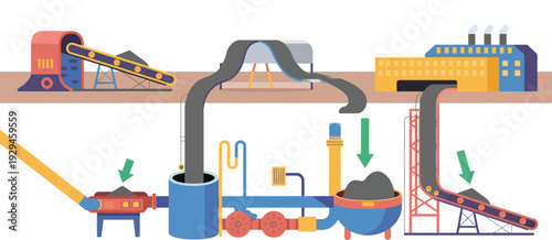 Industrial Pipeline Icon complex system with valves and machinery, manufacturing facility equipment, factory process illustration