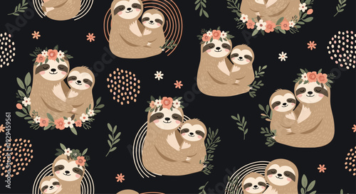 A heartwarming seamless pattern of cute mother and baby sloths hugging, adorned with flowers on a dark background.