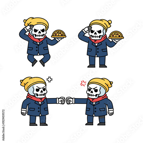 Cartoon skeleton chefs celebrating culinary success with pizza in a playful gesture