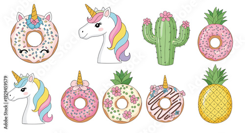 Whimsical collection of cute cartoon unicorns, sweet frosted donuts with sprinkles, tropical pineapples, and a flowering cactus.