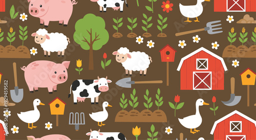 Seamless repeating pattern with cute cartoon farm animals including pigs, sheep, cows, and ducks on a brown background.