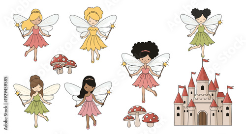 Adorable collection of diverse cartoon fairies with wands, a magical pink princess castle, and red toadstool mushrooms.