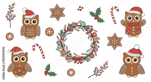 Festive Christmas collection of cute gingerbread owls in Santa hats, a holiday wreath, candy canes, and holly elements.