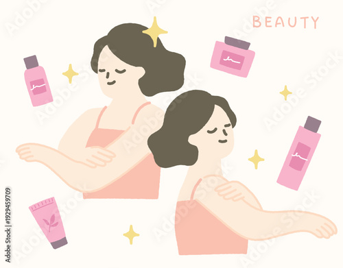 Skin care concept handdrawn illustration with beautiful woman applying body lotion.