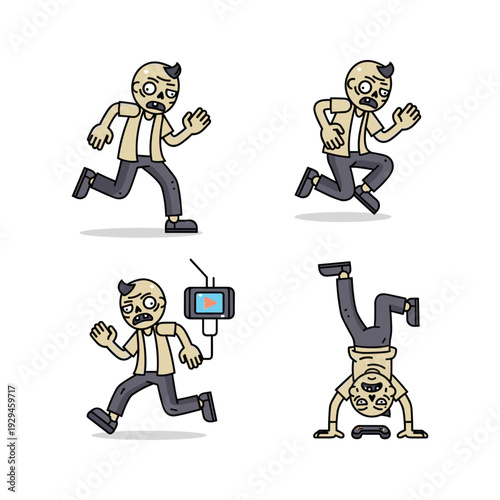 Cartoon man with horns doing various yoga and running poses with a laptop