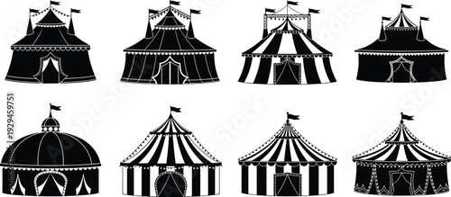 Circus tent silhouettes set with various big top designs striped patterns and flags in cad drawing flat vector illustration for design