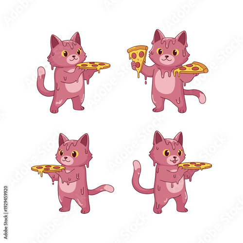 Pink cartoon cat holding pizza in different poses on white background