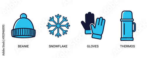 Winter clothes vector set with beanie snowflake mittens gloves and blue thermos