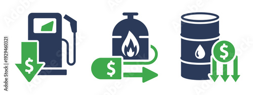 Fuel price drop icon set, vector symbols of gas pumps, propane tanks, and oil barrels representing energy cost reduction, economic trends, and market analysis projects.
