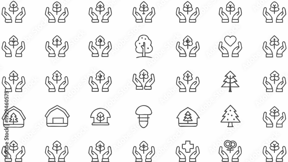 Fototapeta premium Environmental icons of hands holding plants and trees