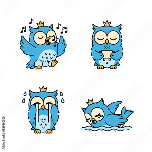 Cartoon blue owl emotions set with crown on white background