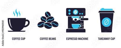 Coffee shop vector icons including cup beans espresso machine and takeaway cup