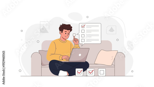 Man working on laptop on sofa, checking tasks on to-do list, focused on productivity