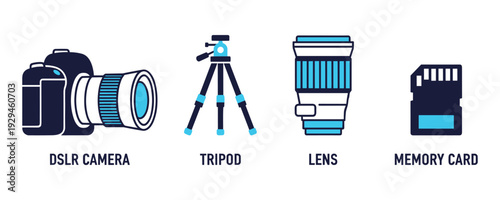 Set of vector photography equipment for professionals, essential tools and accessories