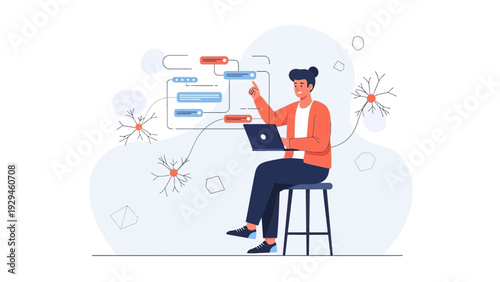 Man working on laptop, planning project with flowchart, artificial intelligence concept