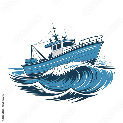 Blue fishing boat riding on a large ocean wave on a sunny day outdoors
