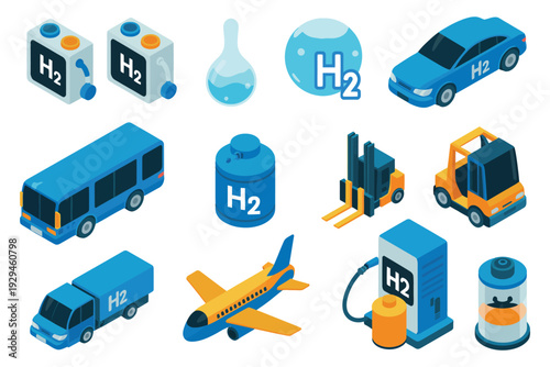 Hydrogen Fuel Cell Icon isometric vector illustration, PEM fuel cell stack, solid oxide fuel cell, clean energy technology, renewable power concept, scientific and engineering design.