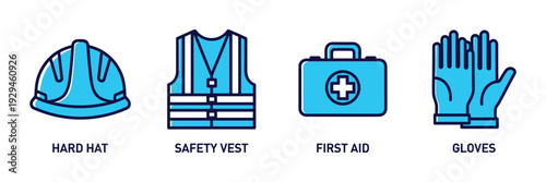 Vector set of essential safety equipment for industrial and construction work