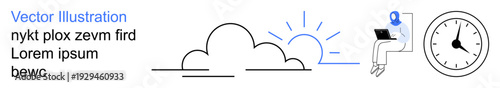 Time management, productivity, remote work, cloud storage, digital organization, workflow optimization. Minimalistic cloud and sunburst alongside a clock and a person using a laptop. Time management