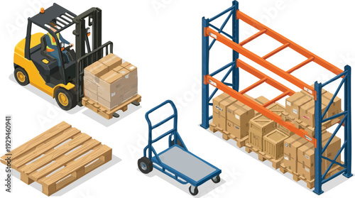 Isometric warehouse elements forklift, pallet truck, shelving, and wooden pallets for logistics and storage