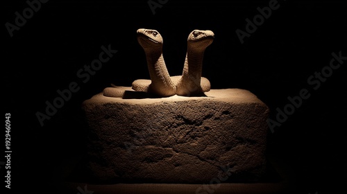 A fossilized two-headed serpent emerging dramatically from stone under museum lighting, evoking ancient mysteries.