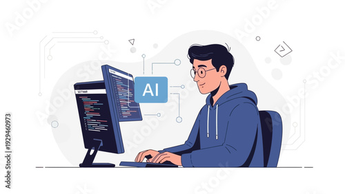 Programmer working on AI code on computer, modern technology concept illustration