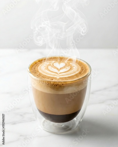 Hot layered cappuccino with steam and heart latte art in double glass cup on white marble background, minimalist cafe concept