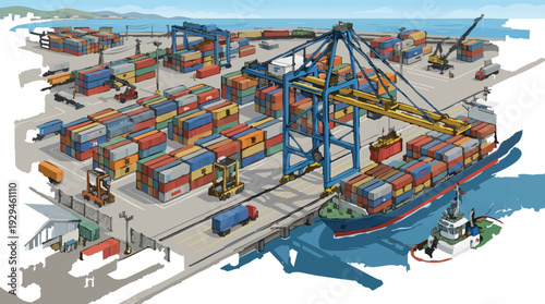 Busy container port with cranes loading cargo onto a ship and trucks