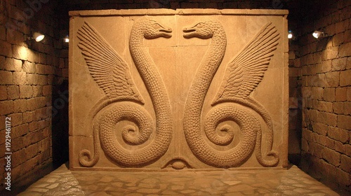 A fossilized two-headed serpent emerging dramatically from stone under museum lighting, evoking ancient mysteries.