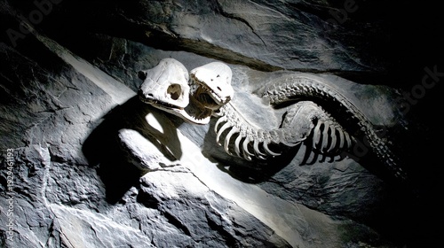 A fossilized two-headed serpent emerging dramatically from stone under museum lighting, evoking ancient mysteries.