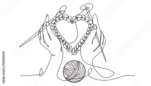 Continuous one line drawing of human hands knitting and heart . handmade and cozy hobby symbol in simple linear style. Doodle outline vector illustration