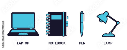 Laptop notebook pen and desk lamp office and study vector icons