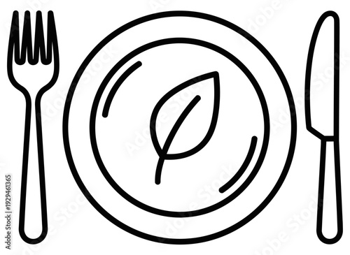 Plate with Healthy Food Leaf Icon Representing Vegetarian Diet and Proper Nutrition Meal | Minimalist Line Art of Fork Knife and Dinner Plate for Eco Friendly Dining and Organic Lifestyle