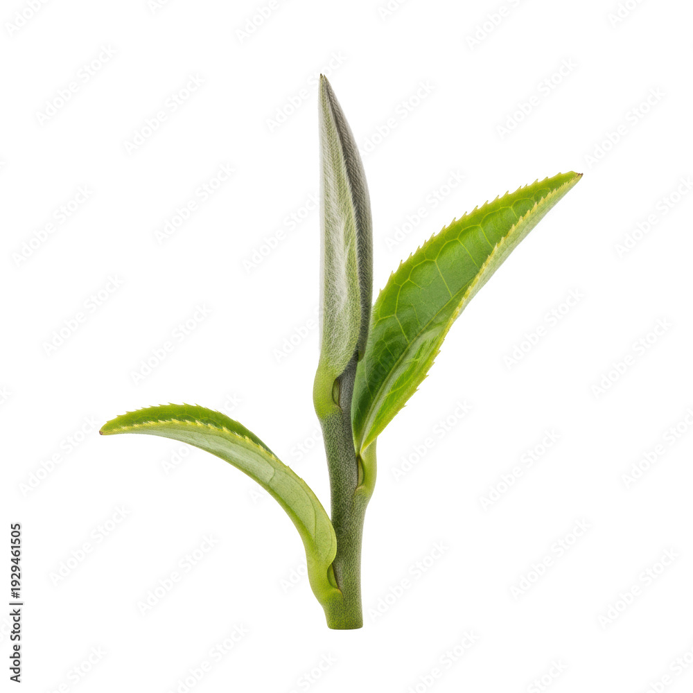 Obraz premium Extreme macro of a single, vertical, premium white tea shoot showing silvery tips and velvety texture, isolated against a high-key transparent background with copy space, concept of purity and