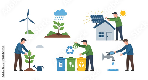 Environmental Protection and Sustainable Living Concepts. Eco-Friendly Practices like Renewable Energy, Recycling, Water Conservation & Tree Planting.