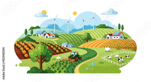 Modern Sustainable Farm Landscape: Green Agriculture, Renewable Energy, and Rural Life Illustration
