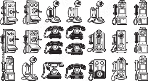 A collection of vintage telephones, each unique in design, showcasing the evolution of communication technology and retro design.