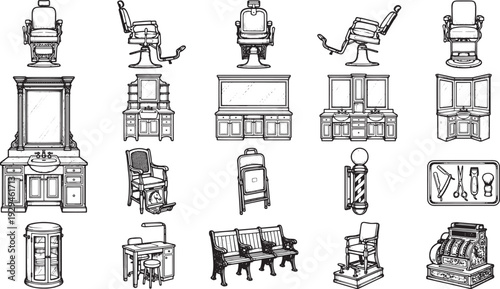 Vintage barbershop elements rendered in elegant line art, the classic tools of a bygone era.