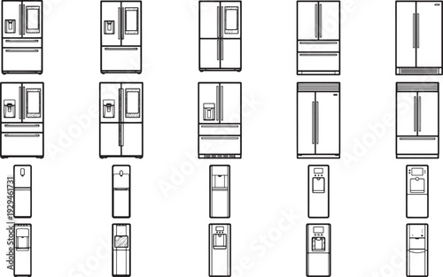 An array of modern refrigerators and water dispenser illustrations, showcasing various designs and styles in a sleek, minimalist aesthetic. 