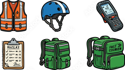 Safety gear and delivery equipment for logistics and transportation services, including high-visibility vest, helmet, handheld scanner, clipboard, and courier backpacks