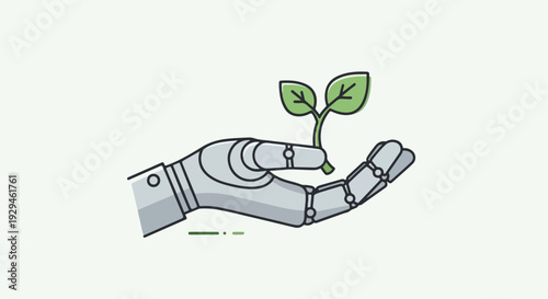 Minimalist Illustration of a Robotic Hand Holding a Green Sprout for Environmental Technology Concept