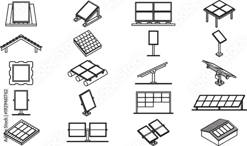 Solar panels showcase. A collection of diverse solar panel designs is presented against a clean backdrop. These panels are engineered for capturing the sun's energy.