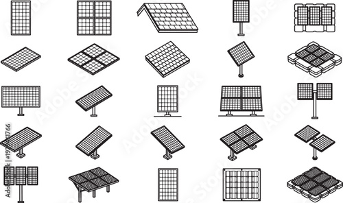 Various angled, clean, black and white solar panel types showcasing renewable technology and clean energy.