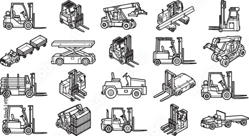 Variety of industrial vehicles, showcasing detailed line drawings and silhouettes of various forklifts, trucks, and loaders, designed for use in logistics, warehouses.