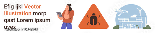 Cybersecurity, travel safety, airport operations, malware alerts, transportation, business planning. Woman holding a tablet, insect warning triangle airport graphic. Cybersecurity and travel safety