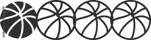 Black silhouette vector illustration of basketballs in sequence, shaded and outlined design for sports equipment, game training, competition, leisure activity themes